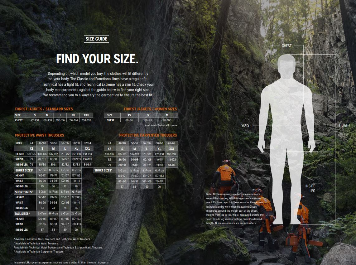 Husqvarna Skyddsutrustning storleksguide